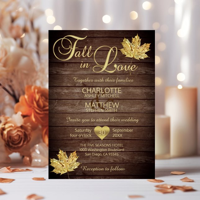 Invitación Rustic Barnwood Country Gold FALL IN LOVE Wedding (Rustic Barnwood Country Gold FALL IN LOVE Wedding Invitation)
