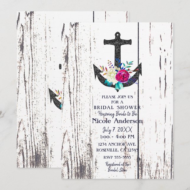 Invitación Rustic Beach Anchor & Bold Floral Bridal Shower (Anverso / Reverso)