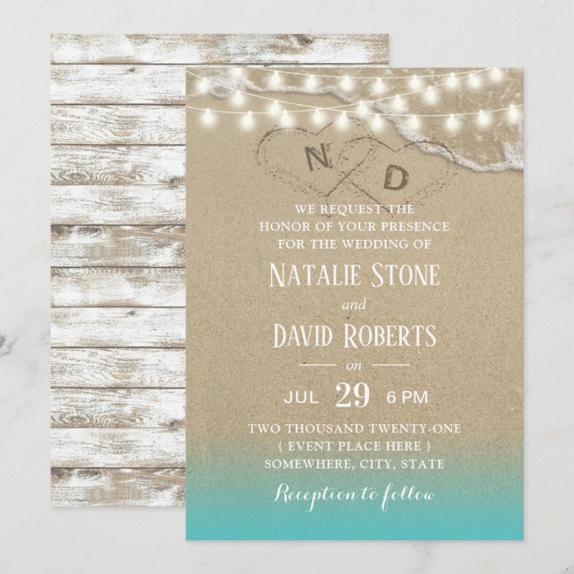 Invitación Rustic Beach Heart String ilumina el Boda de veran (Anverso / Reverso)