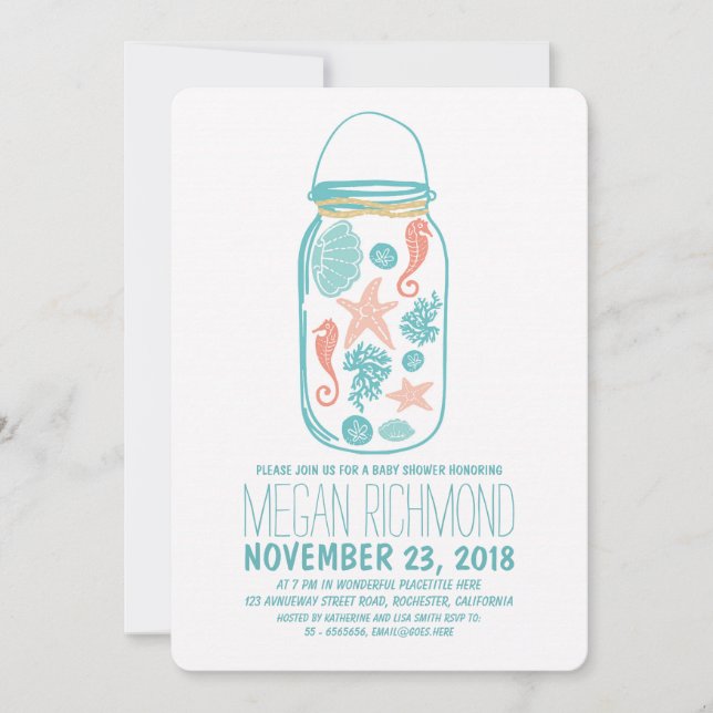 Invitación Rustic Beach Mason Jar Seaside Baby Shower Blanco (Anverso)