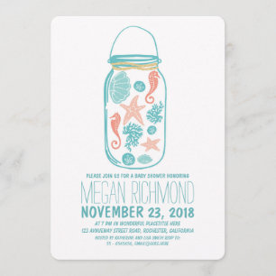 Invitación Rustic Beach Mason Jar Seaside Baby Shower Blanco