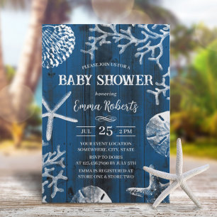 Invitación Rustic Beach Seashely Navy Baby Shower azul