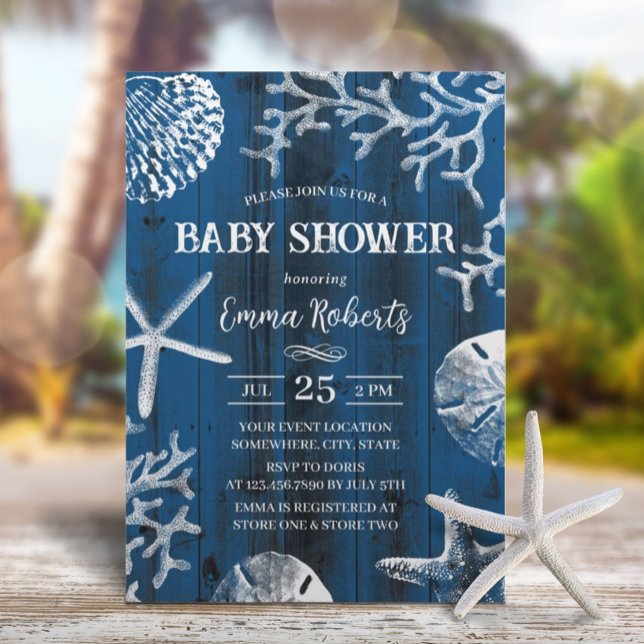 Invitación Rustic Beach Seashely Navy Baby Shower azul (Subido por el creador)