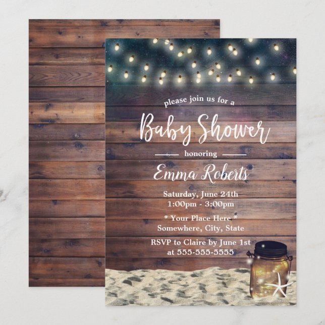 Invitación Rustic Beach Starfish Mason Jar Baby Shower (Anverso / Reverso)