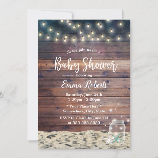 Invitación Rustic Beach Starfish String enciende Baby Shower (Anverso)