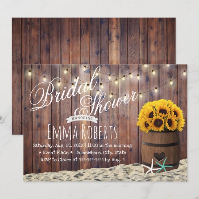 Invitación Rustic Beach Starfish & Sunflower Bridal Shower (Anverso / Reverso)