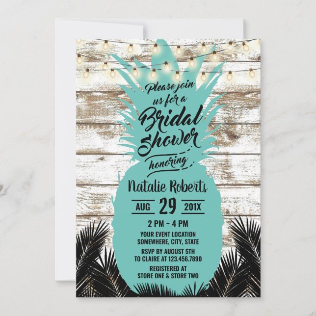 Invitación Rustic Beach Verde azulada Pineapple Wood Bridal S (Anverso)