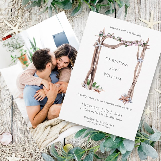 Invitación Rustic Beach Watercolor Driftwood Arch Foto (Subido por el creador)