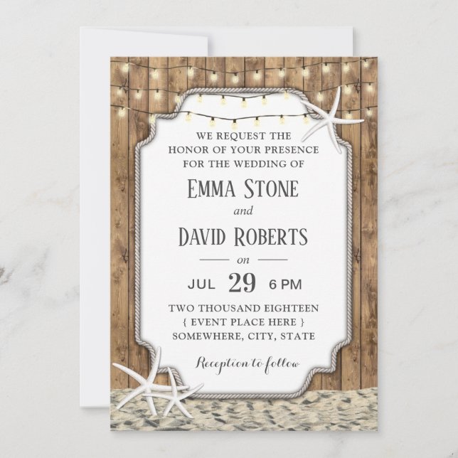 Invitación Rustic Beach Wedding Starfish & String Lights (Anverso)
