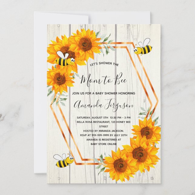 Invitación Rustic Bee Baby ducha girasoles madera blanca (Anverso)