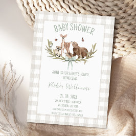 Invitación Rustic Beige Gingham Woodland Baby Shower