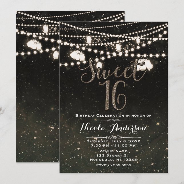 Invitación Rustic Black Night Sky Mason Jar Lights SWEET 16 (Anverso / Reverso)
