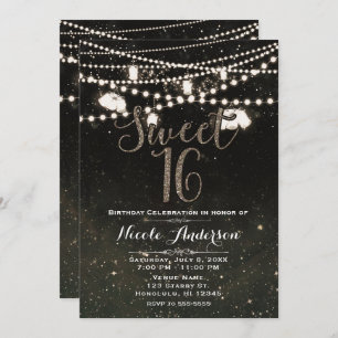 Invitación Rustic Black Night Sky Mason Jar Lights SWEET 16