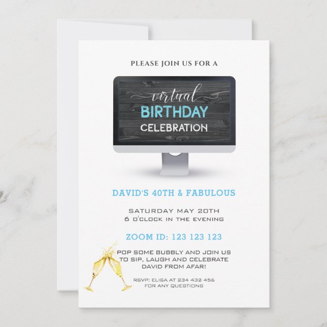 Invitación Rustic Black Wood Virtual 40th Birthday Fiesta (Anverso)