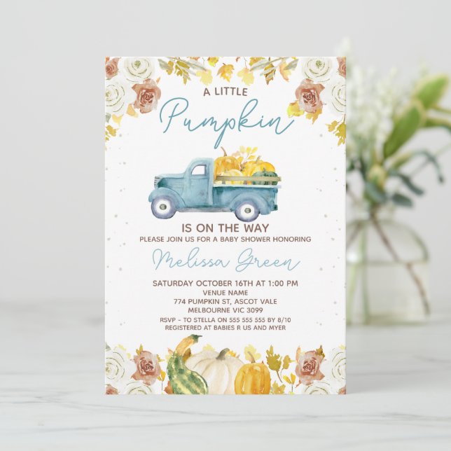 Invitación Rustic Blue Brown Fall Pumpkin Truck Baby Shower (Anverso de pie)