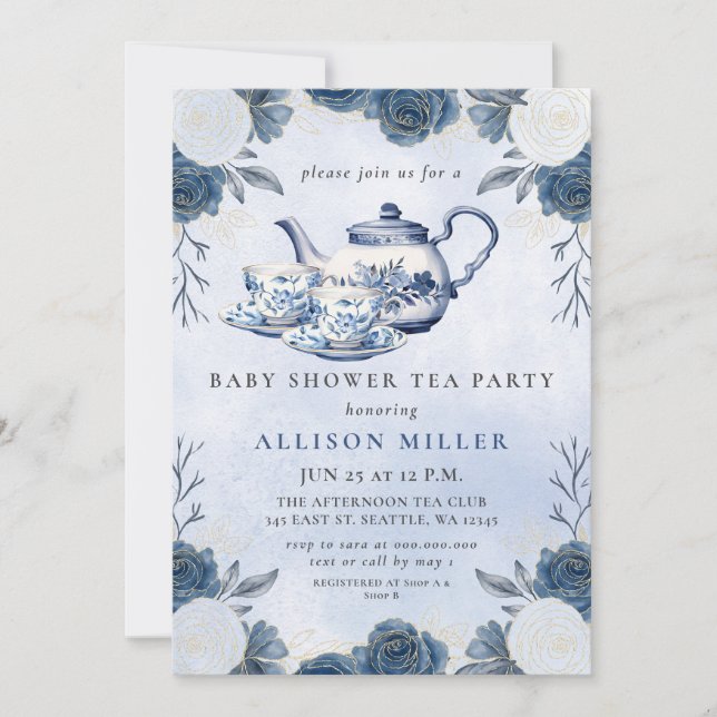 Invitación Rustic Blue Chinoiserie Tea Fiesta Baby Shower (Anverso)