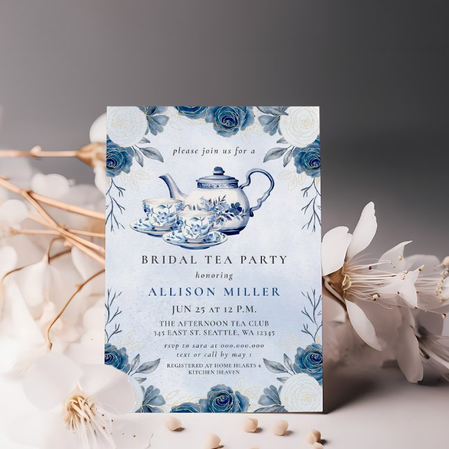 Invitación Rustic Blue Chinoiserie Tea Fiesta Bridal Shower (Rustic Blue Chinoiserie Tea Party Bridal Shower Invitation)