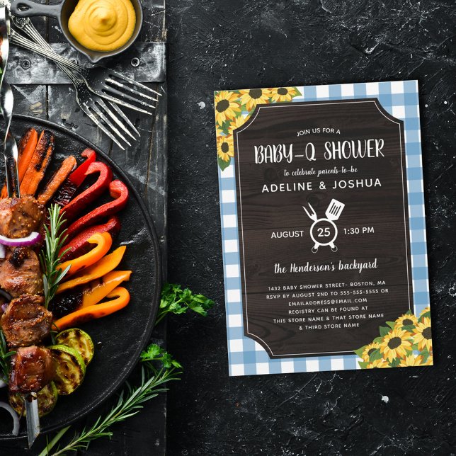 Invitación Rustic Blue Gingham Sunflowers Baby-Q Shower (Subido por el creador)