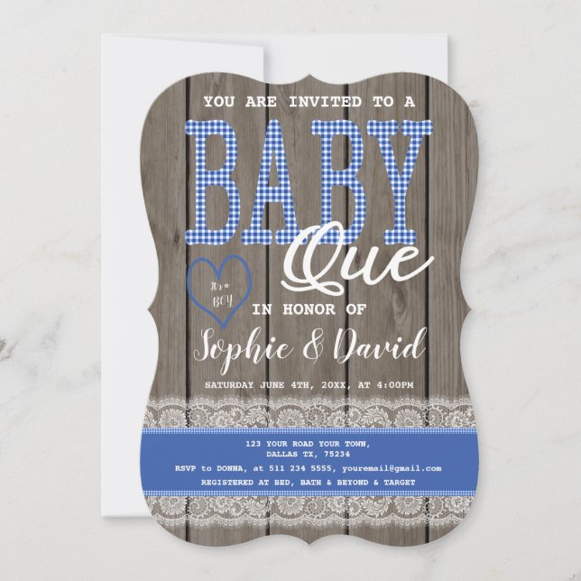 Invitación Rustic Blue Gingham Wood Boy Baby Shower BBQ (Anverso)