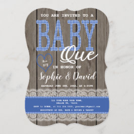 Invitación Rustic Blue Gingham Wood Boy Baby Shower BBQ