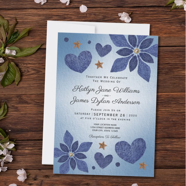 Invitación Rustic Blue Jean Denim Flores Boda de campo (Front Of Wedding Invitation)