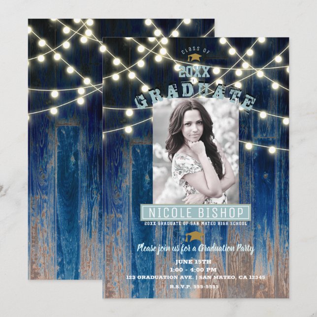 Invitación Rustic Blue Lights Partido moderno de graduación d (Anverso / Reverso)