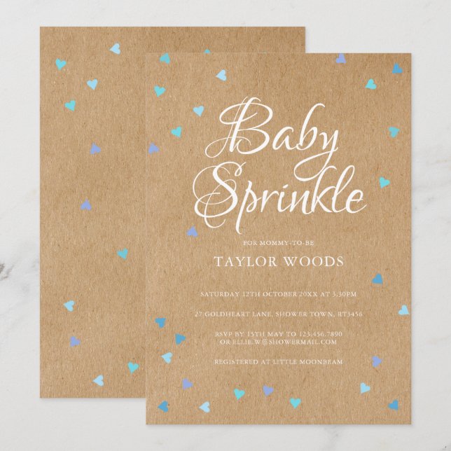 Invitación Rustic Blue Love Hearts Baby Boy (Anverso / Reverso)