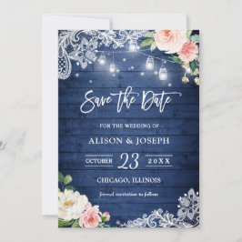 Invitación Rustic Blue Mason Jar enciende floral para salvar