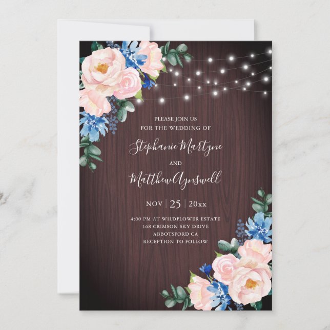 Invitación Rustic Blue Rubor String ilumina a Boda de madera (Anverso)