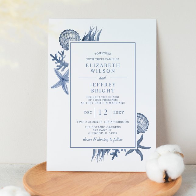 Invitación Rustic Blue Seashells Marine Ocean Beach Wedding (Subido por el creador)