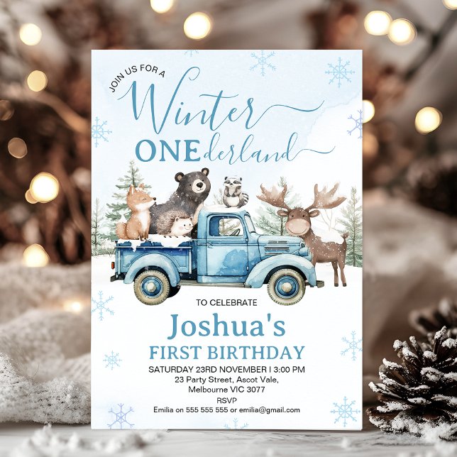Invitación Rustic Blue Truck Winter Onederland Birthday (Winter Onederland Birthday Invitation, Winter Onederland - 1st Birthday Invitation Template, Blue)