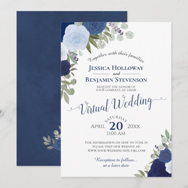 Invitación Rustic Blue Watercolor Floral Virtual Wedding (Anverso / Reverso)