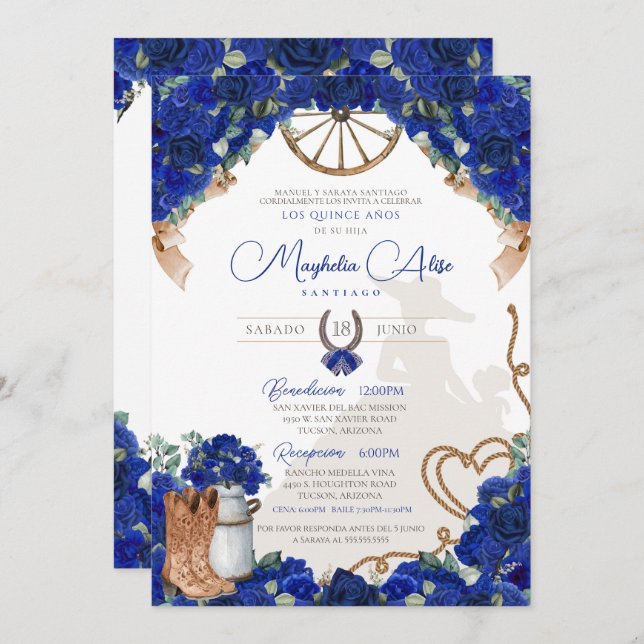 Invitación Rustic Blue Western Charro Quinceañera (Anverso / Reverso)