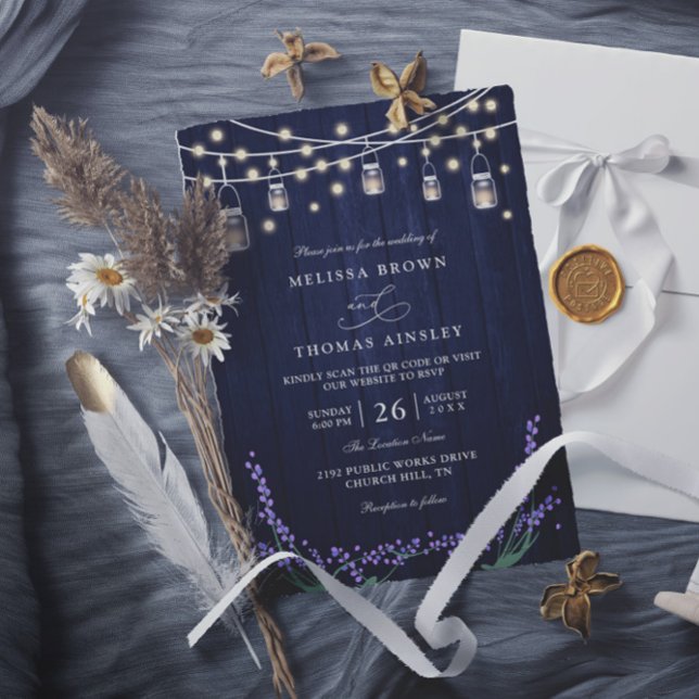 Invitación Rustic Blue Wood Lavender Elegant QR Code Wedding (Subido por el creador)
