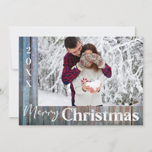 Invitación Rustic Blue Wood Photo Merry Christmas Card (Anverso)