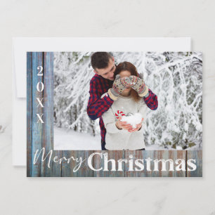 Invitación Rustic Blue Wood Photo Merry Christmas Card