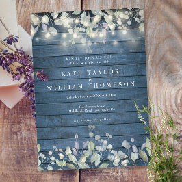 Invitación Rustic Blue Wood String Luces Sage Lilac Boda