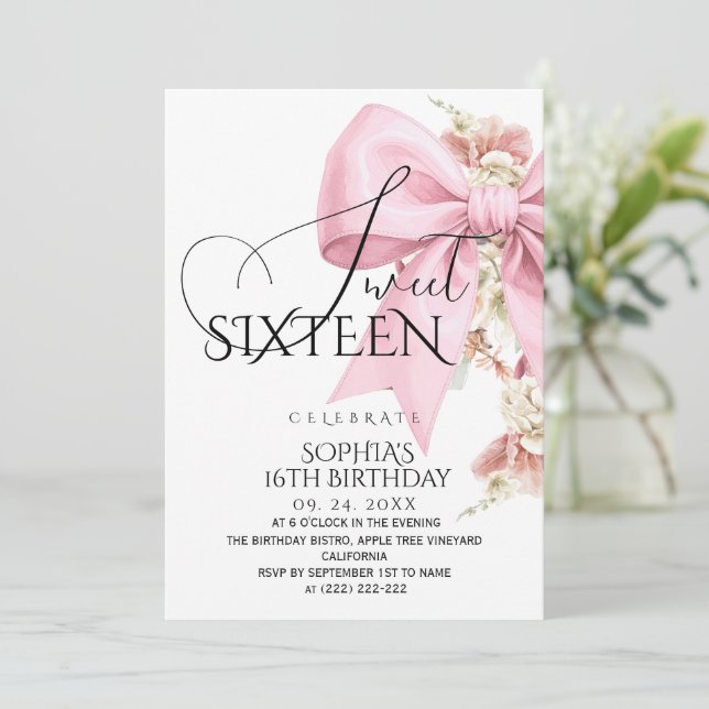 Invitación Rustic Blush Pink Bow Sweet 16 Birthday (Anverso de pie)