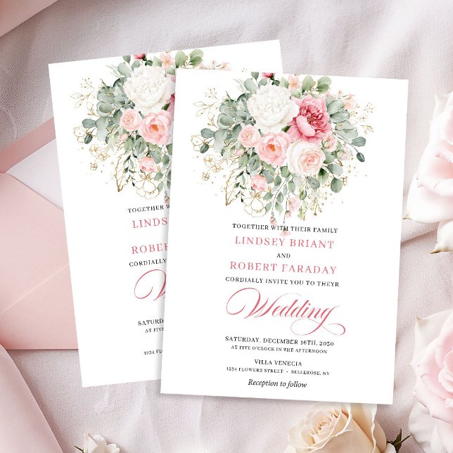 Invitación Rustic Blush Rose Greenery Gold Wedding Invitation (Rustic Blush Rose Greenery Gold Wedding Invitation)