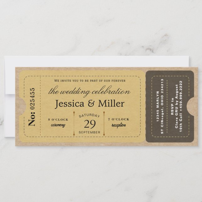 Invitación  Rustic Boarding Pass Style Ticket Wedding (Anverso)