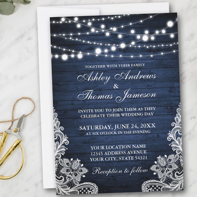 Invitación Rustic Boda Blue Wood String Lights Lace Invite (Customize to add more text or photos to back of card.)
