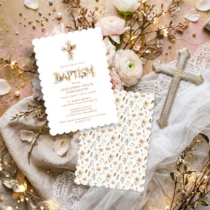 Invitación Rustic Boho Chic Floral Cross Baptism TMF26
