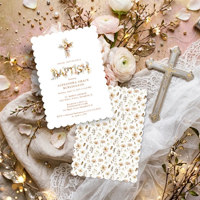 Invitación Rustic Boho Chic Floral Cross Baptism TMF26 (Rustic Boho Chic Floral Cross Baptism Invitation with Soft Earthy Botanical Accents and Delicate.)