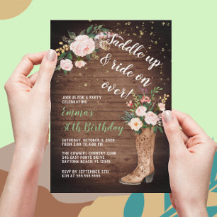 Invitación Rustic Boho Cowgirl Floral Boots Fiesta de cumplea