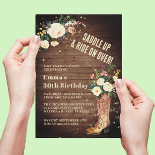 Invitación Rustic Boho Cowgirl Floral Boots Fiesta de cumplea