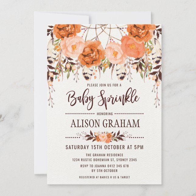 Invitación Rustic Boho Floral Otumt Baby Sprinkle (Anverso)