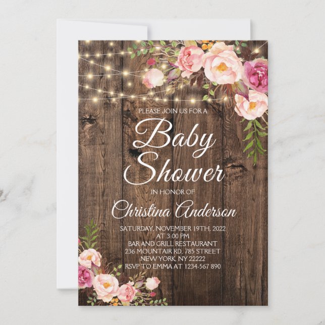 Invitación Rustic Boho Floral String ilumina Baby Shower (Anverso)