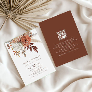 Invitación Rustic Boho Florals Brown Textos Boda de código QR