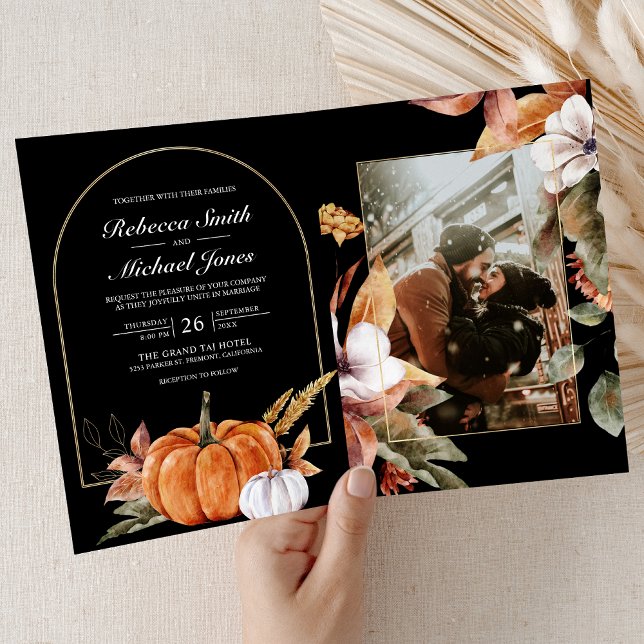 Invitación Rustic Boho Pumpkin Photo QR Code Black Wedding (Subido por el creador)