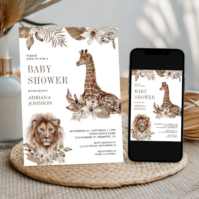 Invitación Rustic Boho Safari Lion and Giraffe Baby Shower (Subido por el creador)